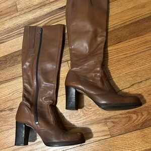 Womens Brown Leather Knee-High Heel Boots Vintage Hippie GoGo Zip Up 60s 70s 6.5